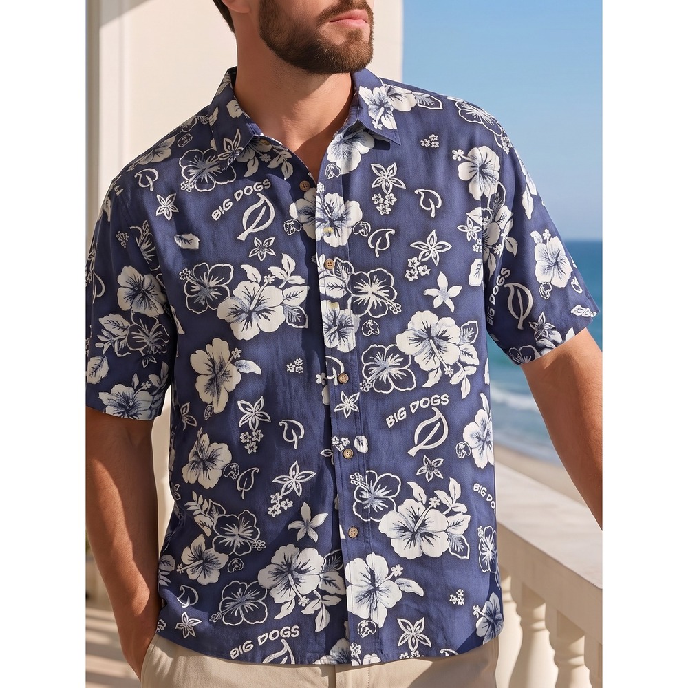 Big Dogs Hawaiian Shirt XL Floral Hibiscus Short Sleeve Button Up Blue Cotton